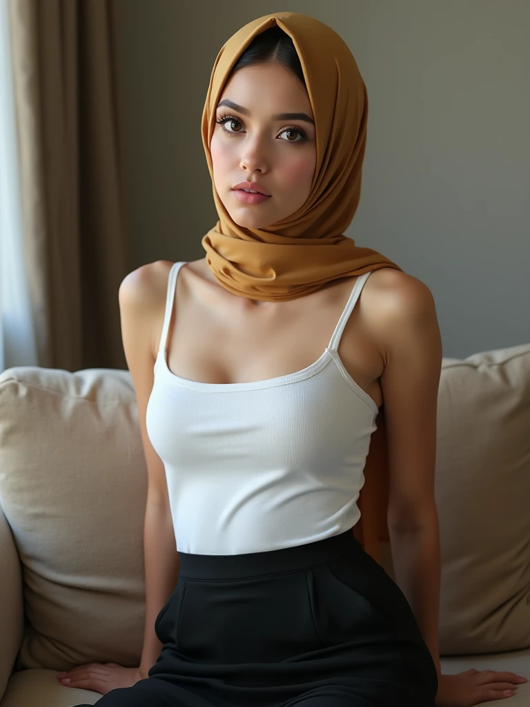 1girl, breasts, solo, cleavage, looking_at_viewer, realistic, large_breasts, long_hair, hijab on head, lips, indoors, bed, upper_body, bare_shoulders, off_shoulder, on_bed, collarbone, brown_eyes, closed_mouth, ponytail, nose, bra, in leaning forward pose