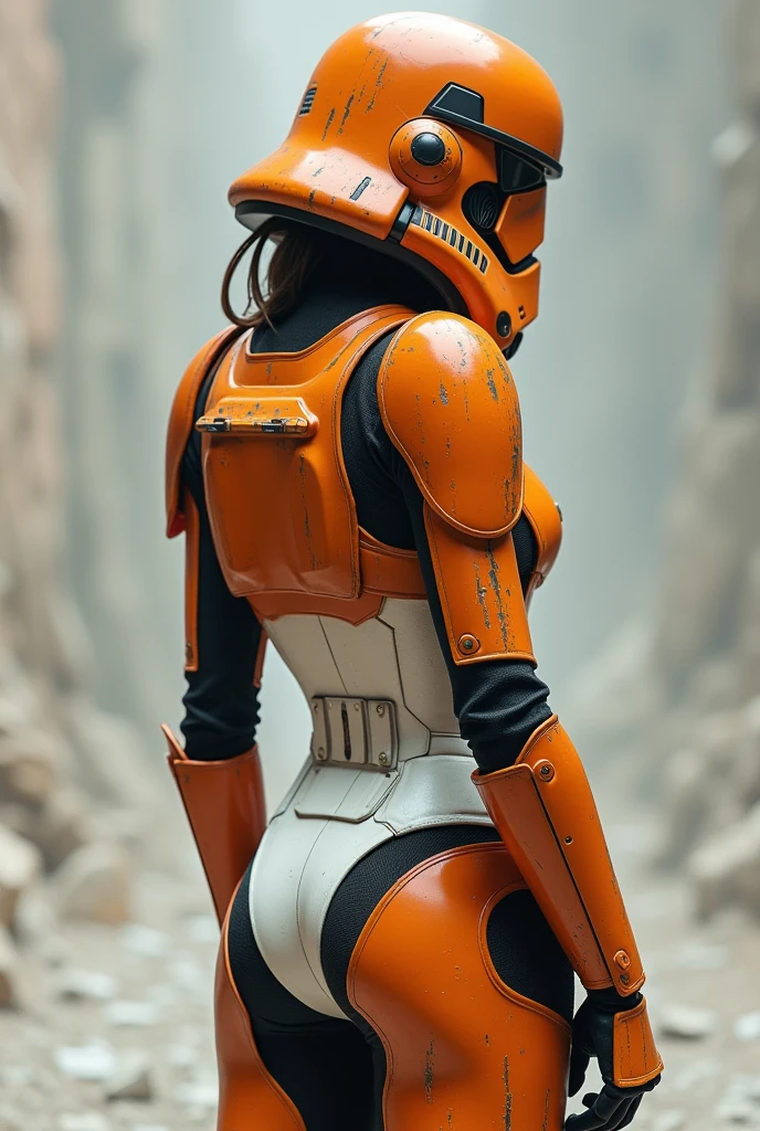 rear angle, Highly detailed RAW color Photo, Rear Angle, Full Body, of (female space soldier, wearing orange and white space suit, helmet, tined face shield, rebreather, accentuated booty), outdoors, (looking up at advanced alien structure, on alien planet), toned body, big butt, (sci-fi), (mountains:1.1), (lush green vegetation), (two moons in sky:0.8), (highly detailed, hyperdetailed, intricate), ((DAY TIME)), (lens flare:0.7), (bloom:0.7), particle effects, raytracing, cinematic lighting, shallow depth of field, photographed on a Sony a9 II, 50mm wide angle lens, sharp focus, cinematic film still from Gravity 2013, from behind