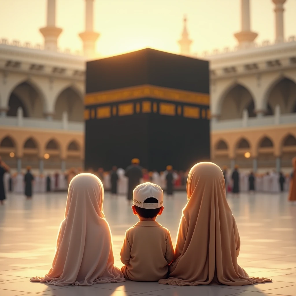 A girl and a boy going to perform Umrah in Mecca, Saudi Arabia are sitting facing the Kaaba, the girl is wearing a black hijab and the boy is wearing a black cap.