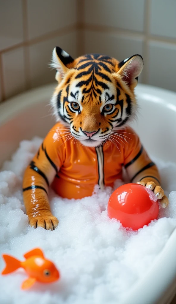 un petit tigre qui prend un bain dans un baignoir, mousse partout, mignon