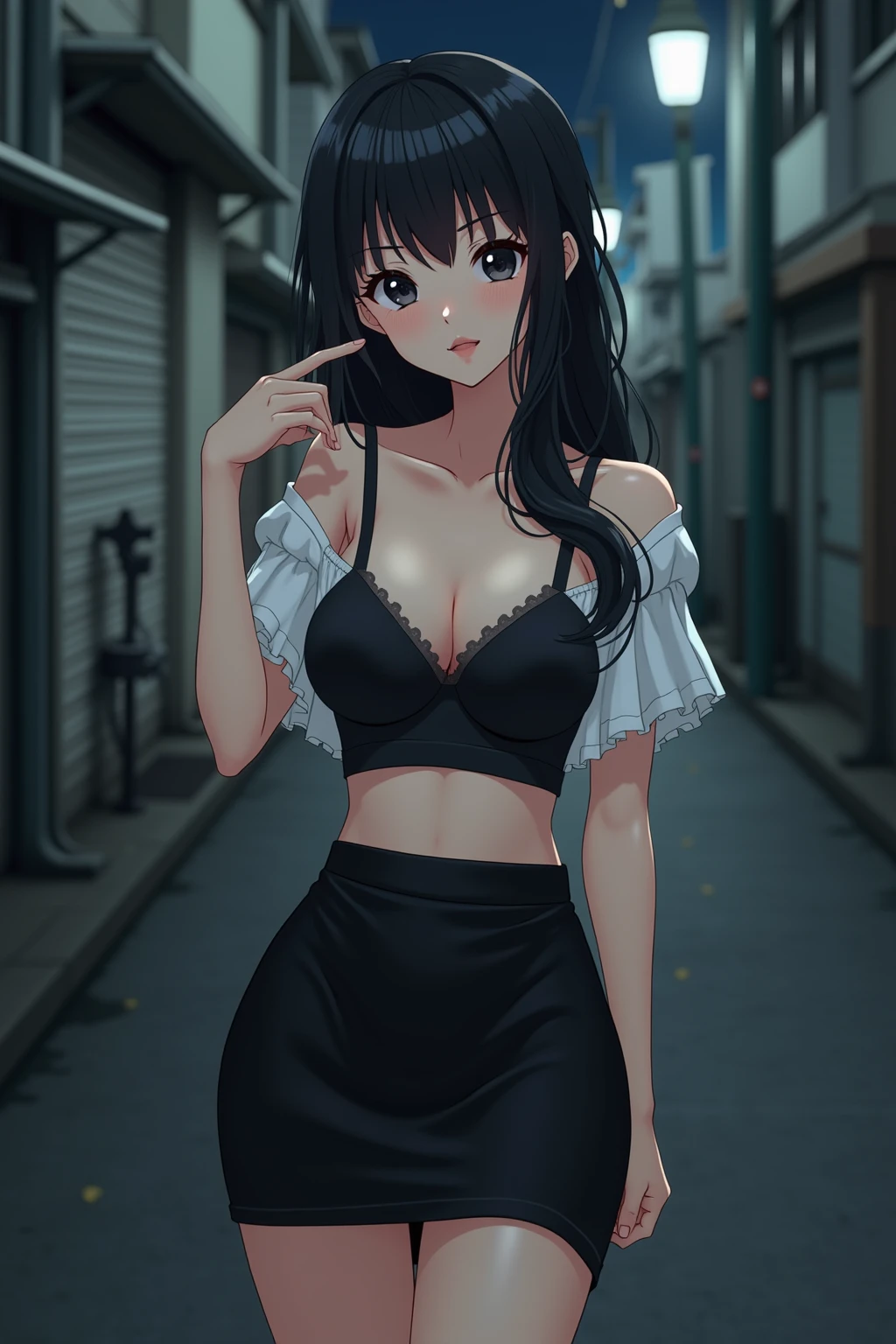 best quality, Masterpiece, Ultra high resolution, (realistic:1.4), RAW photos, (perfect body), (thin:1.2), dynamic gesture, 1 woman, (full picture:0.9), alone, big breasts, Sagging breasts, , Plaid mini skirt, in the dark, nighttime, on the road, deep shadow, low voice, Cool light 12000K