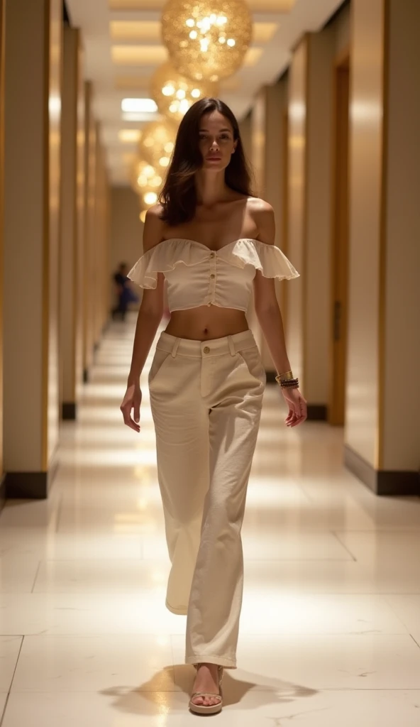Araffe woman wearing a strapless top and pants walking down a hallway., sheath dress, muted colored bodysuit, worn - white style, small waist, taken in the early 2020s, wearing a toga and sandals, total body length, mono, Impeccable military composure, with a thin waist, wearing an elegant suit