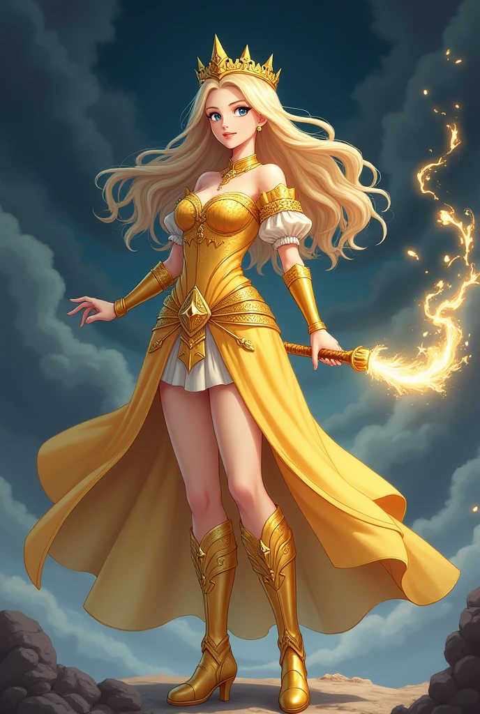 Design a breathtaking anime-style character named Solara, the 'Guardian of the Sun.' She exudes a powerful aura of warmth and radiance, embodying the divine energy of the sun itself. Solara's face is serene and confident, with glowing golden eyes that shimmer like sunlight. Her long, flowing hair, resembling molten gold, cascades down her back in glowing waves, adding an ethereal touch to her presence.
Her outfit is a blend of armor and flowing robes, shimmering in shades of gold, amber, and fiery orange, adorned with intricate sun motifs and glowing edges that seem to emit light. She holds a staff or sword, forged from pure sunlight, with a radiant sun-shaped crest at its top, glowing intensely with solar energy. Solara stands in a commanding pose, one hand raised as if summoning the power of the sun, with her other hand gripping her radiant weapon. The background is a glowing, sunlit sky with rays of light streaming down, the sun prominently positioned behind her, casting a radiant halo. Golden clouds and sunbeams surround her, emphasizing her celestial nature. The overall scene is warm and majestic, inspired by epic fantasy anime, with a dynamic, slightly low angle shot that captures her dominance and divine presence.