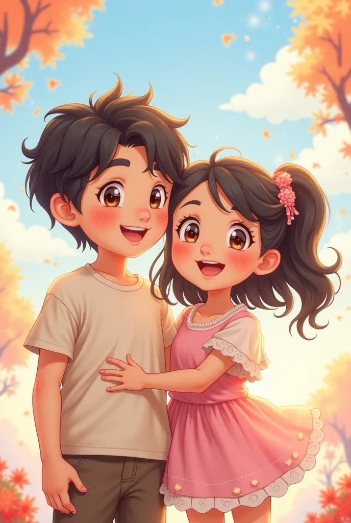 Generates an image of two anime-type brothers. The boy is , wavy dark brown hair, Tez blanca, small eyes and is covered in freckles and moles. The girl, He is , She is brunette with curly and light brown hair, and also has many moles. Both must appear together in a happy and friendly environment.