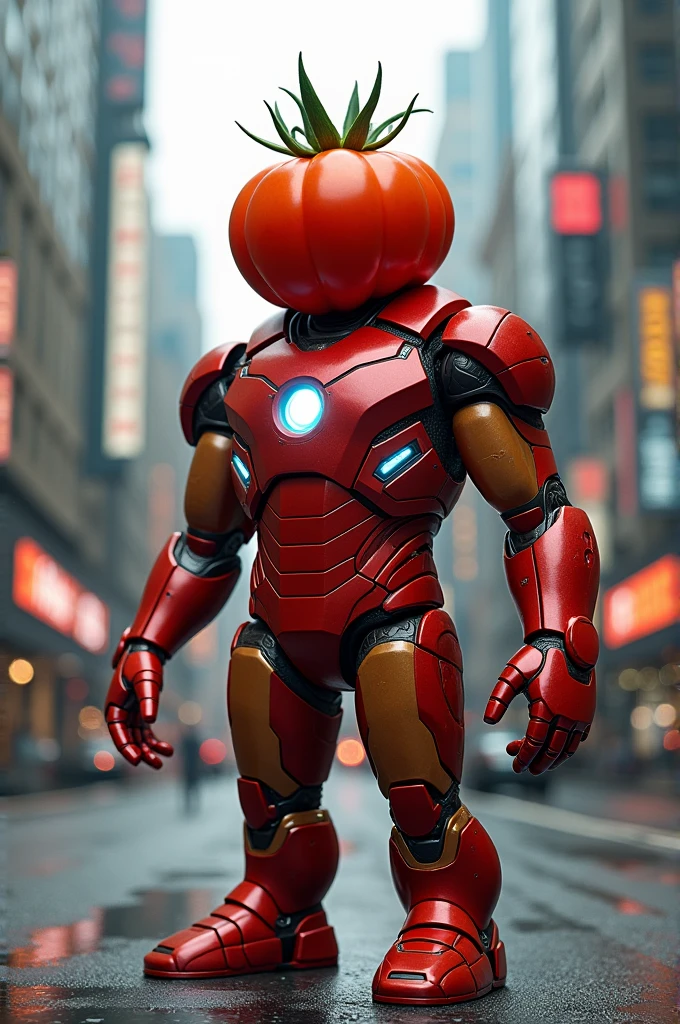 an evil pineapple in a iron man red and golden suit on middle of road and a bloody axe. Pineapple have eyes and face also