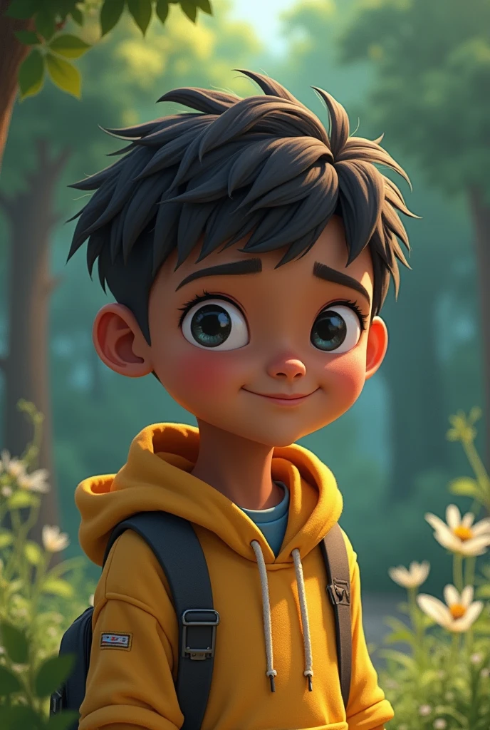 Make an image of a realistic boy with jacket wearing white shirt with the name in her shirt as Skyfall.