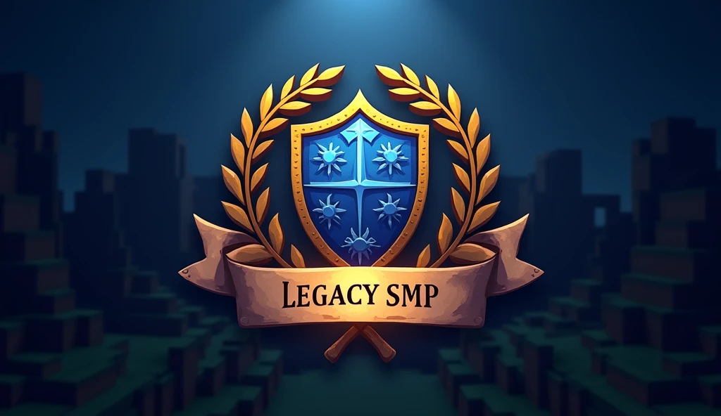 A regal and timeless logo design for a Minecraft SMP named 'Legacy SMP.' Feature a shield made from pixelated Minecraft blocks, surrounded by a laurel wreath crafted from blocky vines. The shield bears intricate geometric patterns and a glowing scroll beneath it that reads 'Legacy SMP' in a bold, Minecraft-style font. Use a royal blue and gold color scheme with subtle lighting effects to convey prestige and heritage. In the background, include faint pixelated ruins or castles to tie the design to Minecraft's world-building theme.