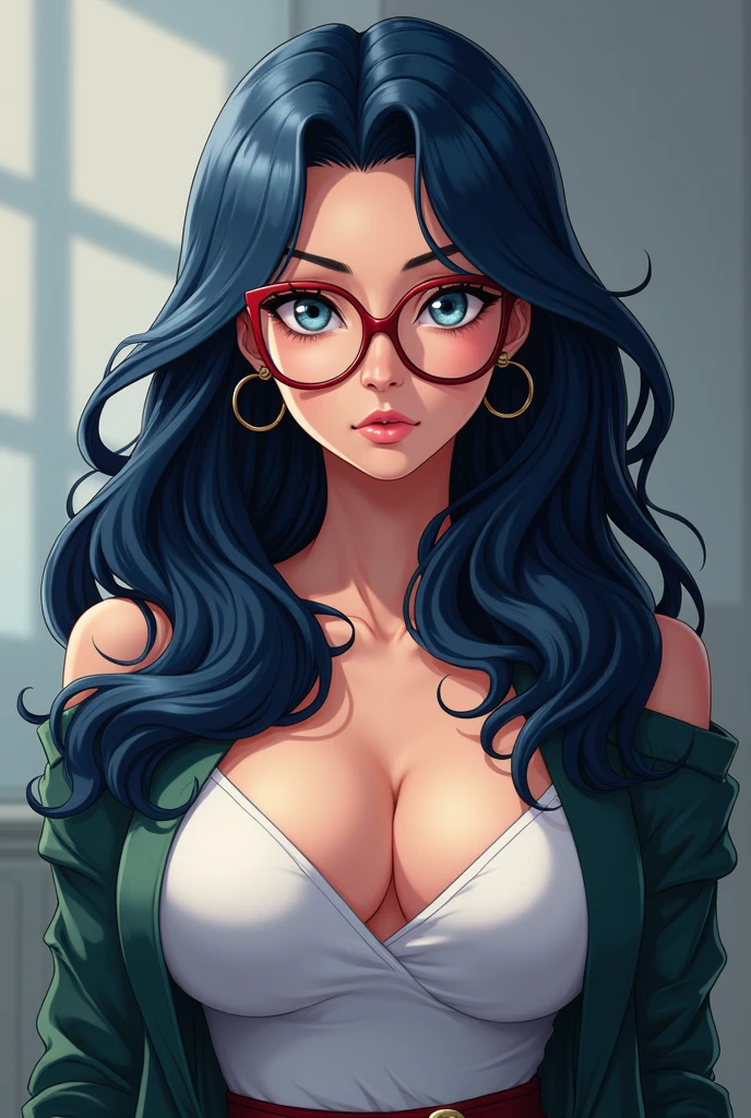 Girl, smile, red lips, big nose, long hair, blue hair colors, blue eyeball, glasses, big tits, fair skin, white lingeria clothes colors, Sit down pose, gaze looking to the front, sexy pose, sexy girl, sexy body, beautiful girls, realistic, in room