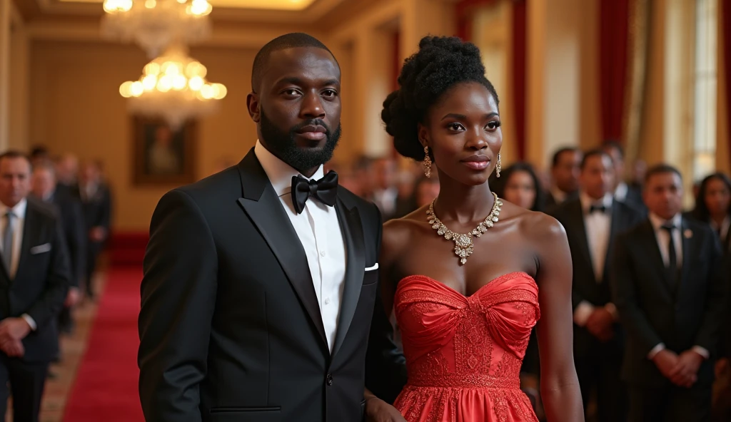 generate a picture of a rich black american ((duo)) wearing a formal attire for an event with a minimal background ((whole body))