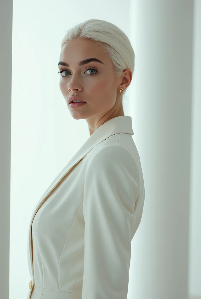 a portrait of women, grey hair, blue eyes ,short straight hair,wearing white three piece suit, standing in subway ,dark grey background,looking at viewer,
