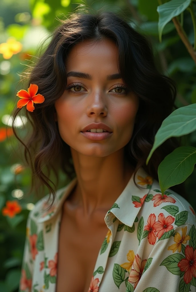 A Brazilian woman in a lush tropical garden, wearing an open shirt with a floral print, with a close-up capturing the harmonious beauty between her breasts and the natural flowers, showing off your natural charm and outgoing personality.