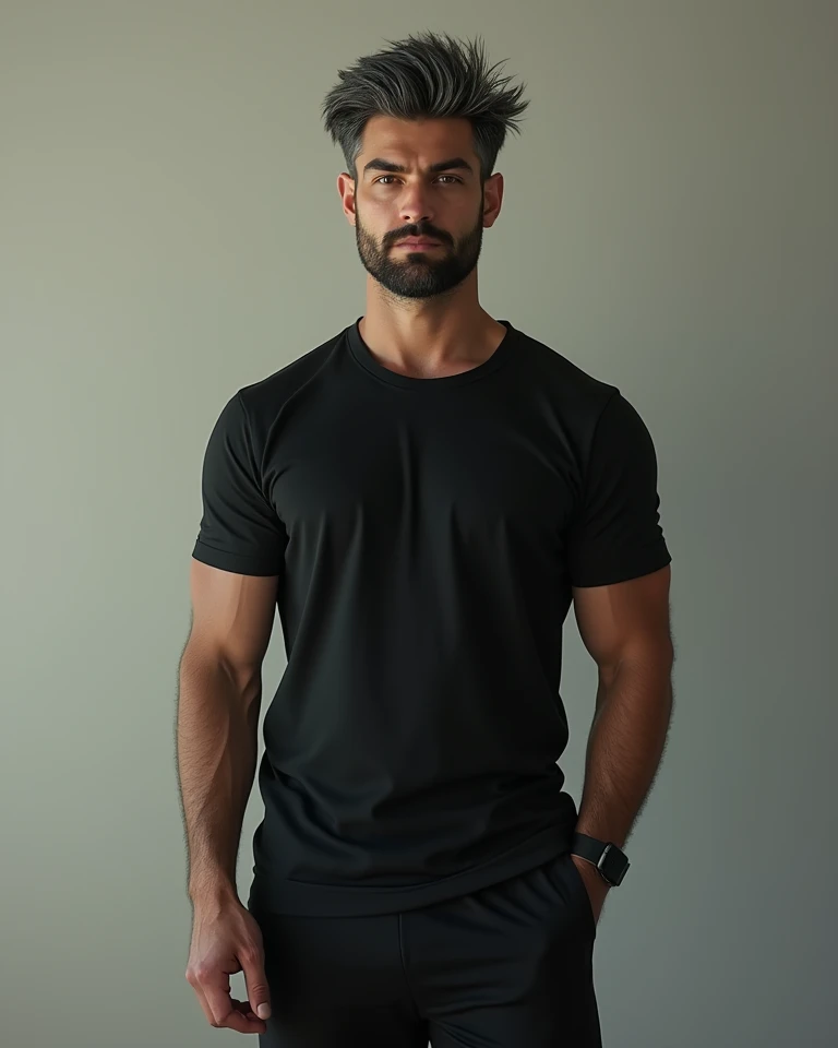 a 24 year old young man, bonitas, athletic body, wearing a black t-shirt tight to the body, super realistico, cinematic effect, short hair in military haircut style with entries, background with dark environment, good lighting as if it were a scene from a movie, 8k, ultra realisitic, sharp, background trees and buildings, very blurred background.