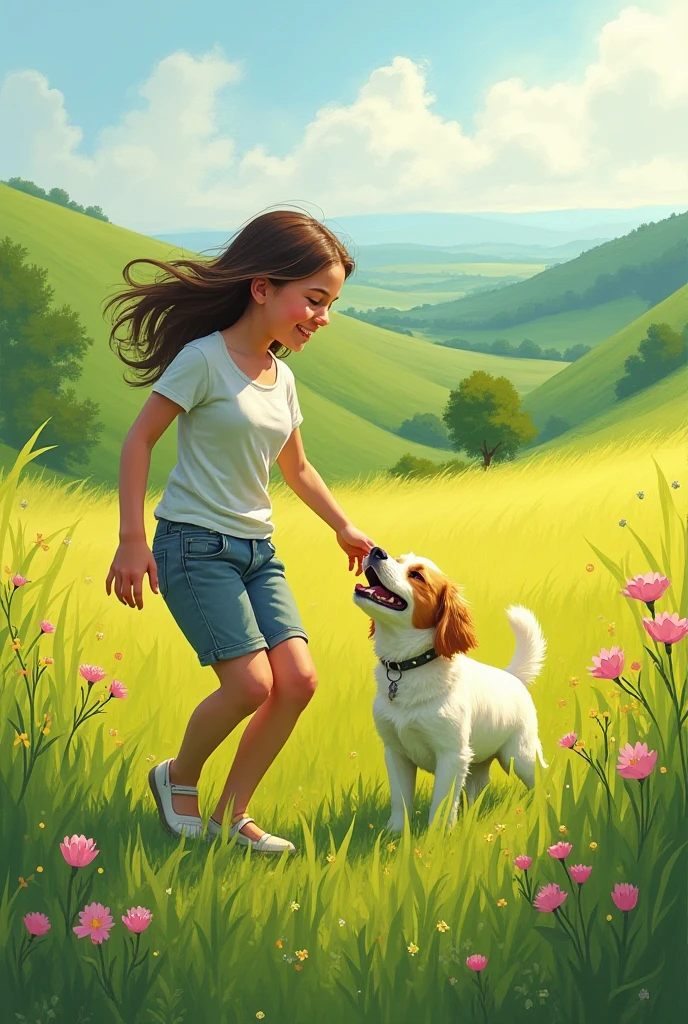 modern painting, , Playing with a little dog in the fields