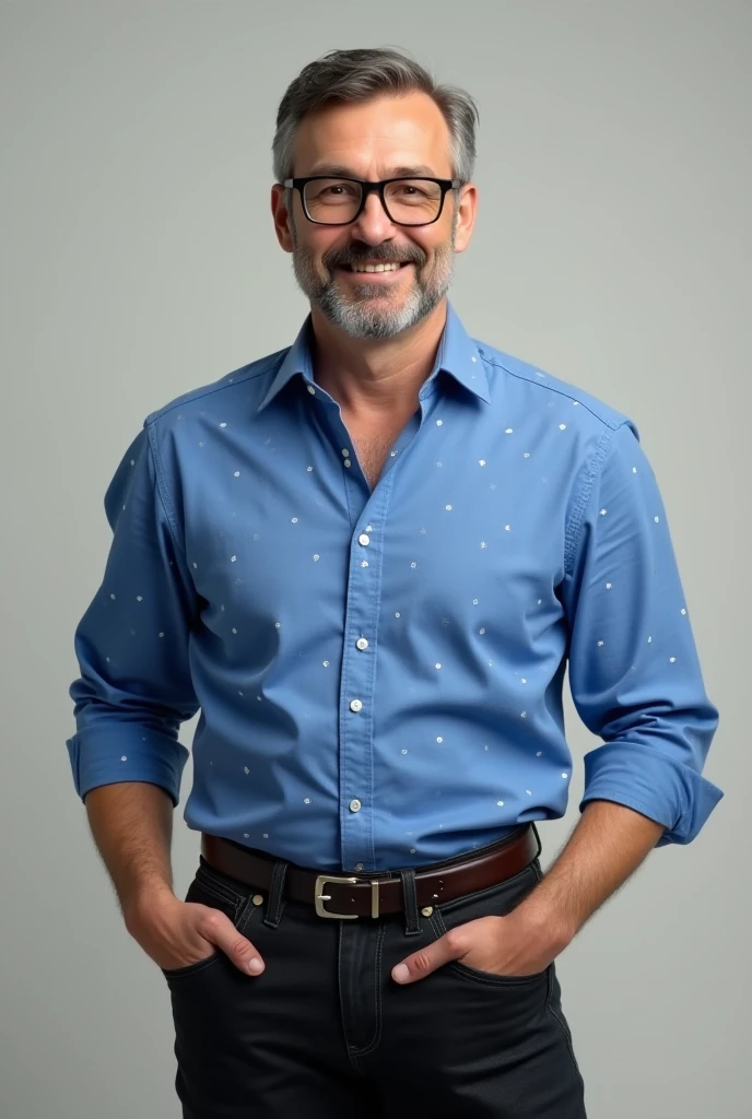 Create a man of approximately 40 years of age wearing a blue shirt and white dots, black jeans and glasses.