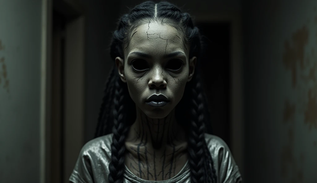 A 15 year old boy, long black faded into white dreadlocks, light blue gray eyes, eyes look dead inside, baggy eyes, creepy smile, sharp teeth, black tongue, old traditional Japanese clothing, art style is horror, theme is black, black liquid coming out of left eye, upside down and lying down, sad background, dark skin