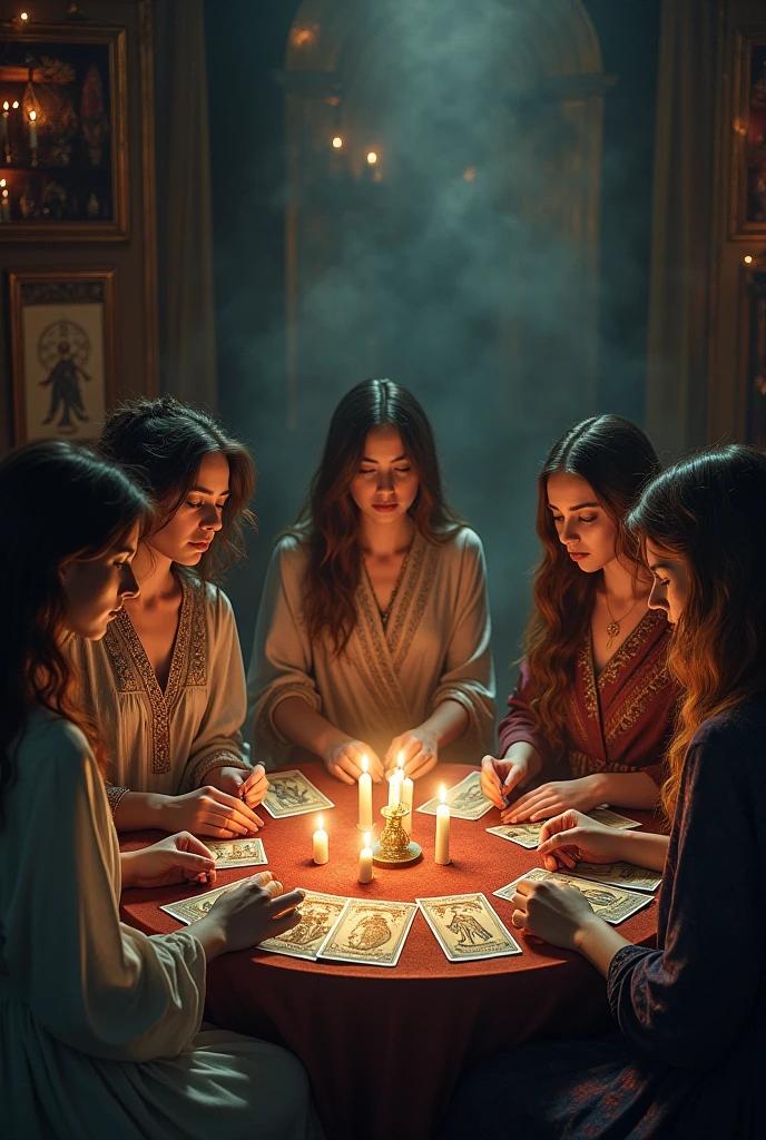 I'm taking photos for a new concept album. Create a concept photo of a girl group playing mysterious cards together