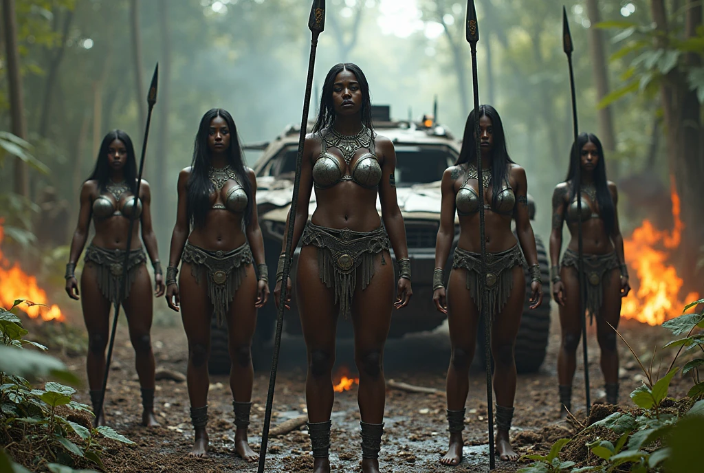 Beautiful dark-skinned woman, wearing Amazon warrior attire, holding a spear, in front of four defeated blonde women