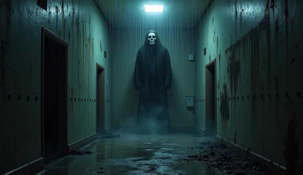 1 girl,Faceless shape appearing in haunted hallway, global illumination, Beautiful splash of vibrant paint