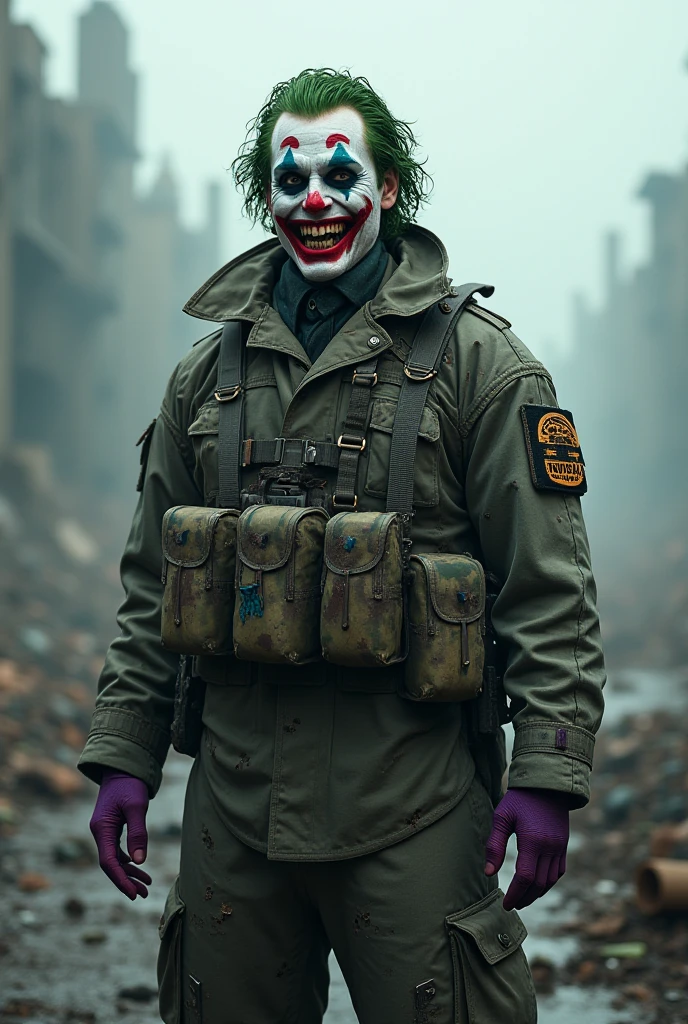 A post-apocalyptic zombie clown with decayed makeup, green toxic smoke rising from his face, and rugged clothing. The background is a dark, ruined city.
