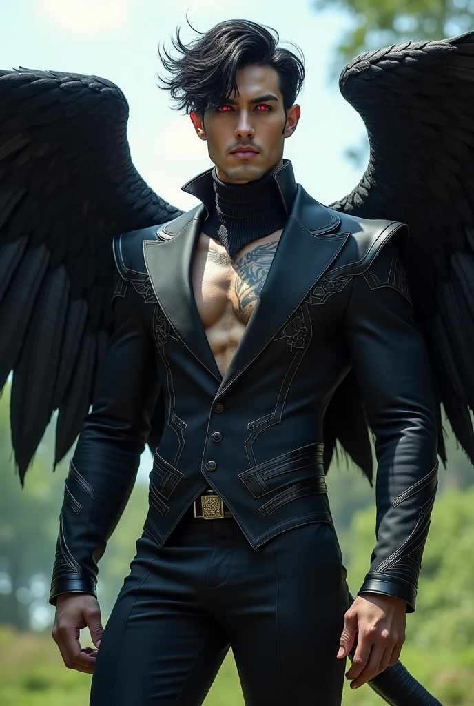 ((masterpiece)),((bestquality)),8k, high detailed, ultra-detailed, Stylish Pose, real skin texture, cinematic lighting, 21 year old big muscular male model, black demon maleficent style horns, white pale skin, blue eyes, short brown messy hair, strong jawline, masculine, defined fit body, hairless broad chest, small waist, prince aesthetic. gothic architecture, black massive huge angel wings, wearing nothing, completely naked, showing massive huge male genitalia , frontage, dim light, a little bit dark atmosphere, backlight.