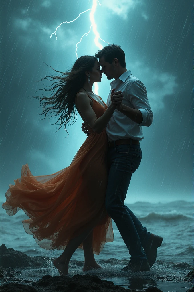 Couple dancing in a lightning storm, soft lighting, concept art