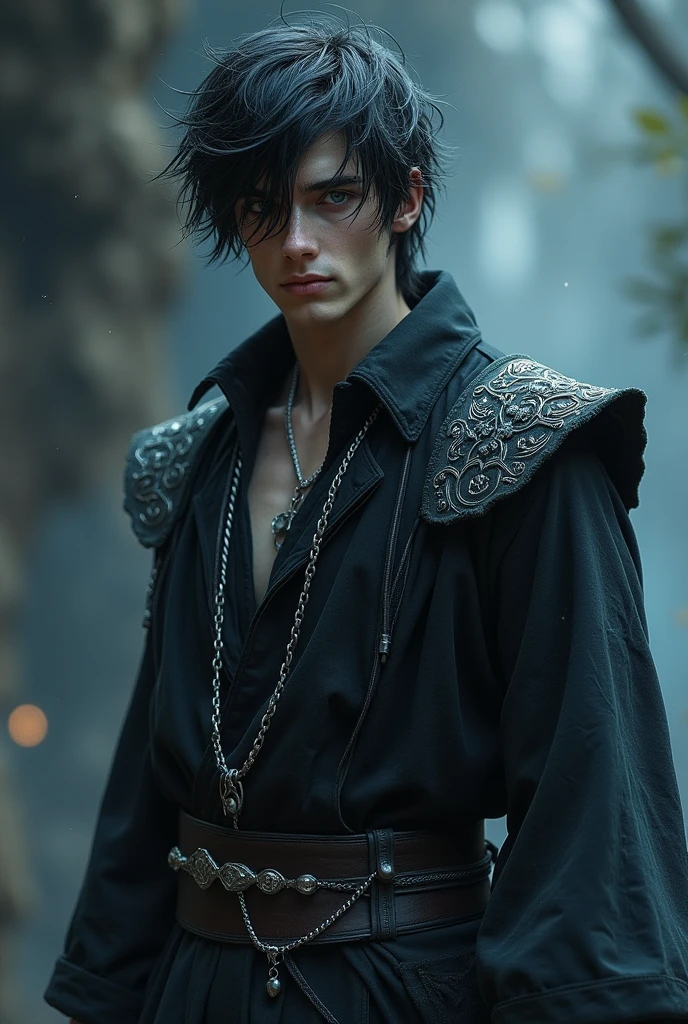 Draw a VERY REALISTIC fantasy style man, 18 years old, pale white skin, black straight hair with a mullet haircut and long bangs, gray eyes dragon tattoo on the neck with black war clothes and cape