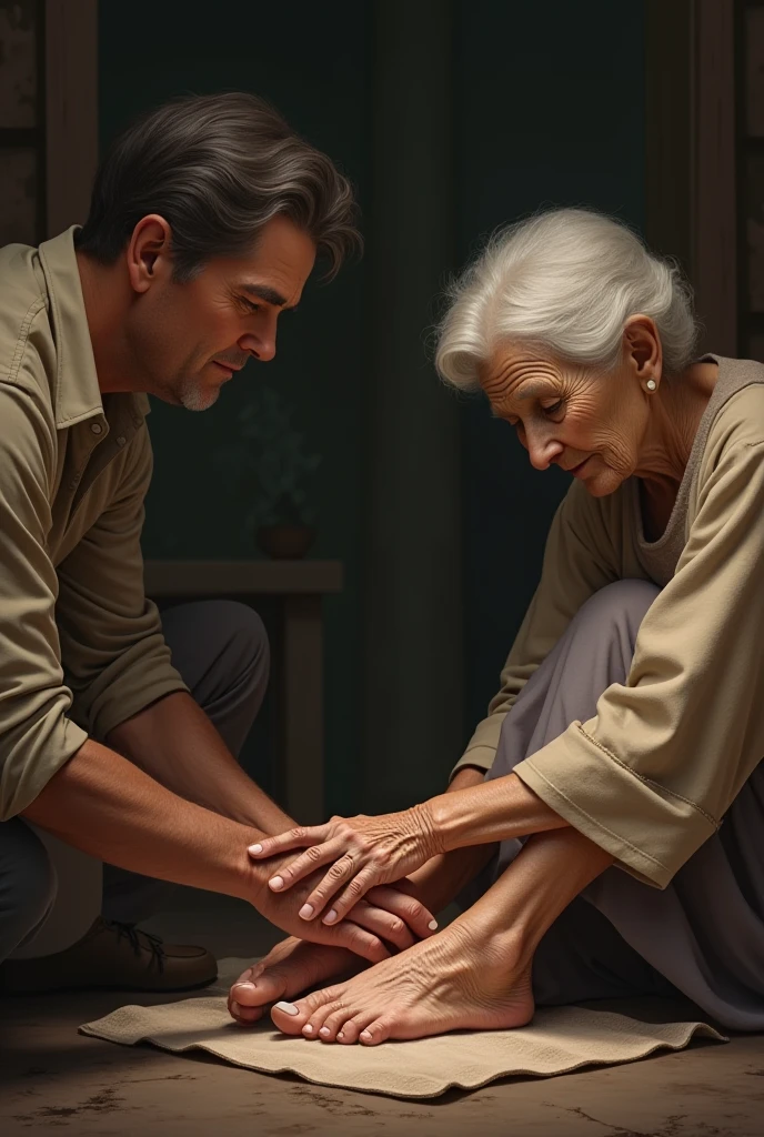 A young man talking to sad old polish lady on ladys dore