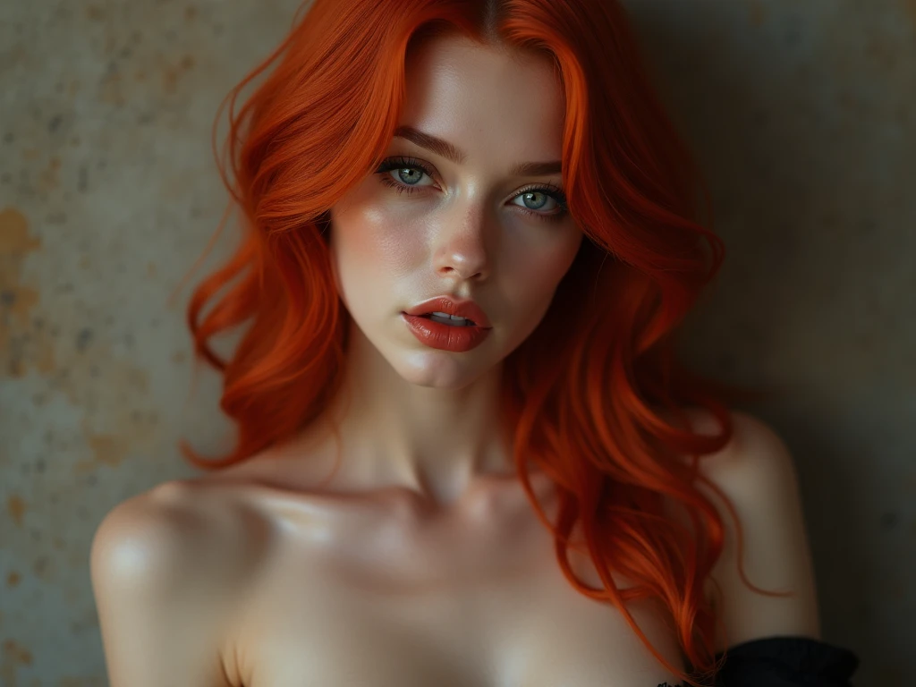 FACE SHOT OF BEAUTIFUL BOMBSHELL RED HAIR WOMAN, LONG RED HAIR, VERY PALE SKIN, YELLOW EYES, EXPRESSIVE YELLOW EYES, ENIGMATIC FACE EXPRESSION,SHY SMILE, GORGEOUS LIPS, ROSY CHEEKS, HIGH CHEEKBONES, MENTAL FORAMEN, VOLUMOUS BREASTS, GORGEOUS BREASTS, STRAPLESS CLEAVAGE, WHITE STRAPLESS, ELEGANT CURVY BODY, STRONG BODY, FRONTAL ANGLE SHOT, DARK BACKGROUND, DIFUSED LIGHTS ON FACE, BALANCED LIGHTS ON FACE, YELLOW BACK LIGHTS, MASTERPIECE