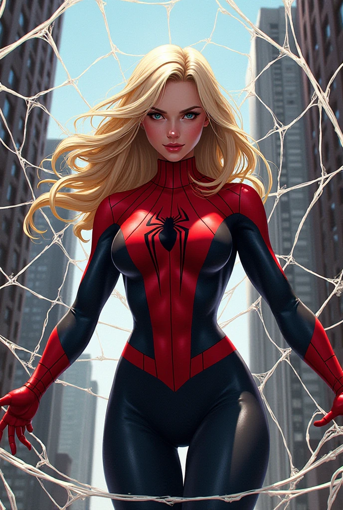 18yo Girl,White Spider-Man suit,short and wavy hair,blondehair,beautifulface,lluvia,teto,The Masterpiece,exquisite detailing,Perfect anatomy,best qulity,ultra-highresolution,4k, Full body Shot