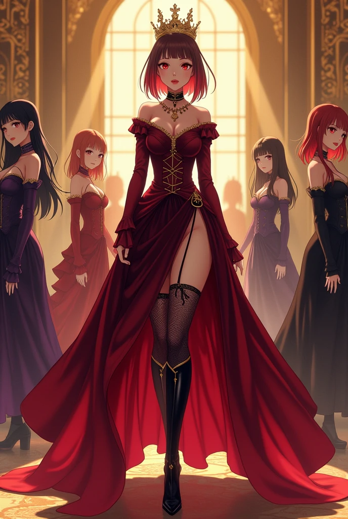 Generate a masterpiece featuring a solo anime character Makima standing in a room, wearing black dress with long white diamond earrings, crowd of people behind, extra eye detailed, extra hair detailed, extra outfit detailed, high resolution wallpaper, visual of elegant, full high quality anime art, looking at viewer from side profile, seductive stare