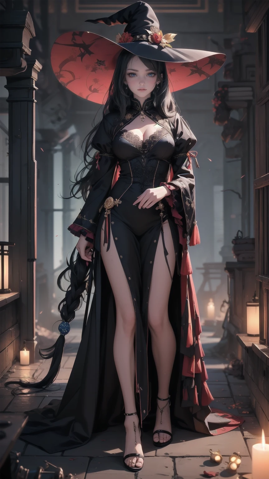 wide shot of a beautiful vampire girl standing under a full moon night, photorealistic, extreme details, atmospheric lighting, cinematic scene, high resolution, intricate textures, ethereal glow, detailed facial features, dramatic shadows