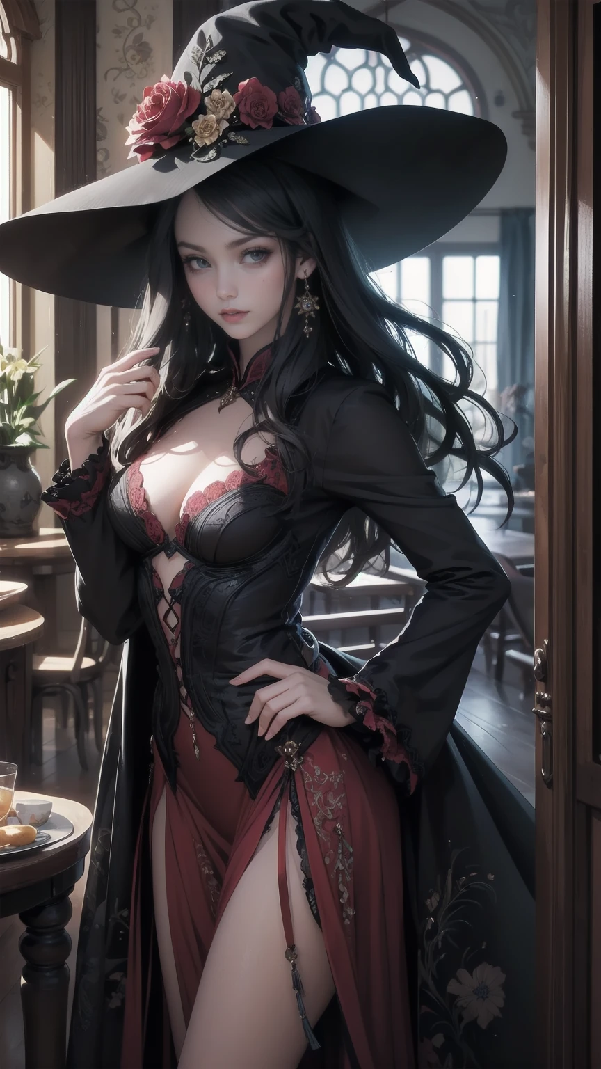 best quality, ultra-detailed, perfect face, purple, long black hair, neutral face, beautiful detailed eyes, beautiful detailed lips, long eyelashes,best quality portrait, detailed, physically-based rendering, ultra-fine painting, fine details, painting, witch girls, witches are helping putting clothes on the new girl, girl happily getting dressed in a stunning black victorian dress, orgeous dress design, flowing gown, elaborate lace details, rich textures, contrast stitching, delicate ribbon bows, floral accents ,full skirt, high neckline, long sleeves, fitted waistline, flared cuffs, lace-up back, black-eyed girl, long black hair, witches assisting in dressing up the new girl, worned out furniture, magic sparkles, magic pot, potions on a shelf, pentagram, high resolution