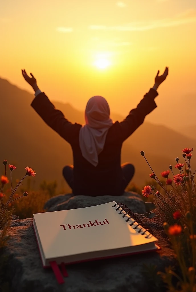 A 22-year-old girl wearing a hijab is celebrating Independence Day outdoors. She's standing on a lush, green grassy field with a joyful expression, perhaps waving a small flag or raising her arms in celebration. Behind her, the words "Independence Day" are written 3d in large stone letters, partially covered with grass and in sky the word "Rahima" is written 3d in large cloud letters, blending naturally with the environment. The scene is bright and festive, with clear skies and sunlight enhancing the celebratory atmosphere.