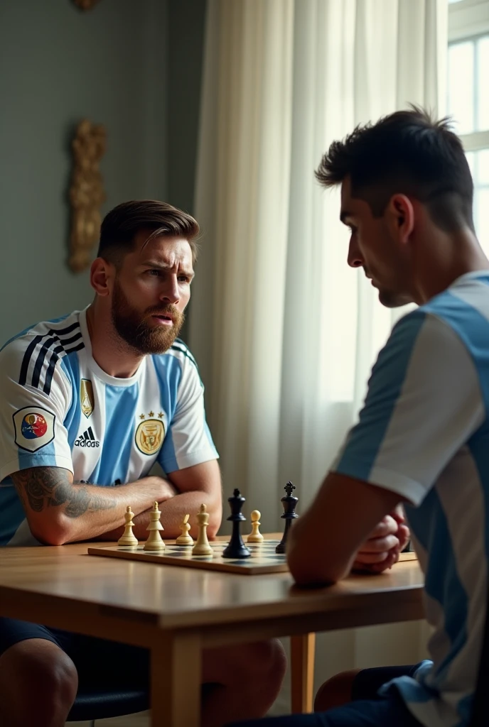 Lionel Messi playing chess with the Argentine shirt in the Patagonian steppe vs a guanaco