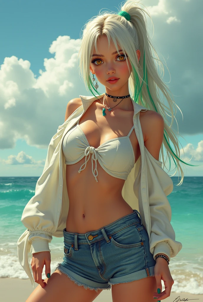 (masterpiece, best quality, 1girl, full body, nature, reeds, bloom, light smile, long hair, blue hair, blue eyes, pov: 1.8), (hourglass body: 1) (2 hands: 1) (easter eggs: 1.3) (5 fingers: 1) (super high quality: 1.5), 1 thumb,4fingers,Blonde girl stands on the sandy beach of the island, the sun shines on her shiny blonde hair --auto --s2