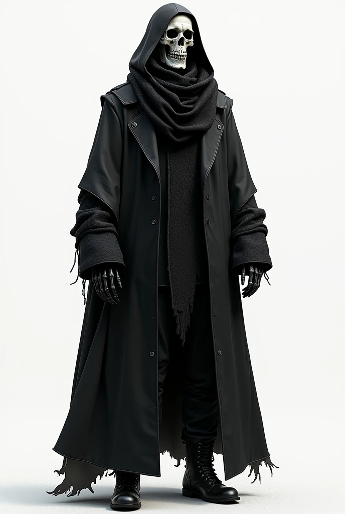 Make a skeleton wearing a black overcoat with a wool scarf around it, using large black gloves to hide skeletal hand , a black wool pants , and a large black boot