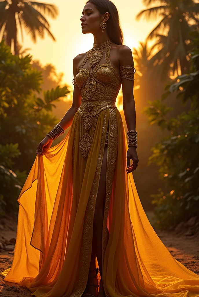 Cyberpunk steampunk clothing mixing Amazonian biofashion, Indigenous tribal features and aristocratic style of Belém from the Belle Époque of Pará, Delicate dress using delicate tulle fabric Full body front model. Singer's clothing