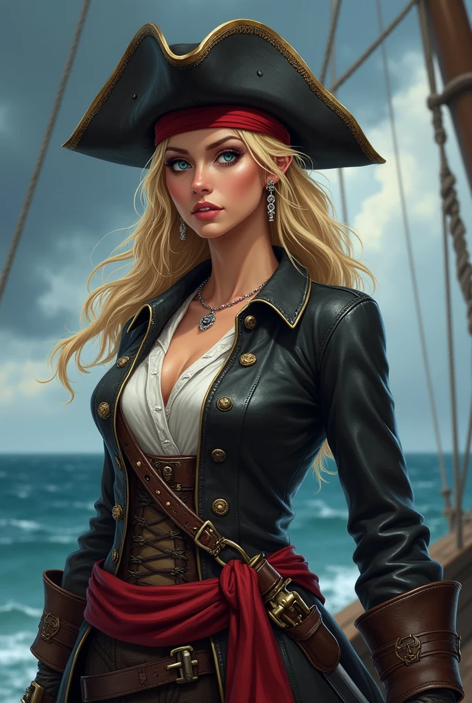 "Draw a realistic female pirate. Blonde hair, With blue eyes and a ...