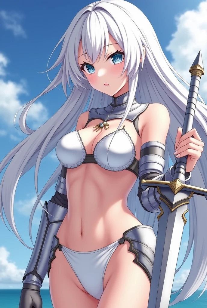 Action Scenes、A world of swords and magic、Ugly monsters attack、((醜いモンスターと剣で戦闘中のfemale knight,Leap and slash)),1 female,The perfect 25 years old,((ideal ratio body proportions,small head:1.7)),(tank skin),((high quality anime, 8k,masterpiece,Perfect Anatomy)),(beautiful detailed face and eyes,gorgeous eye:1.3,Almond Eyes),female knight、full body,(silver hair),Straight long hair,bangs,blush,medium breasts,slender body,skinny,Sexy Bikini Armor、Jump、Stone ruins、