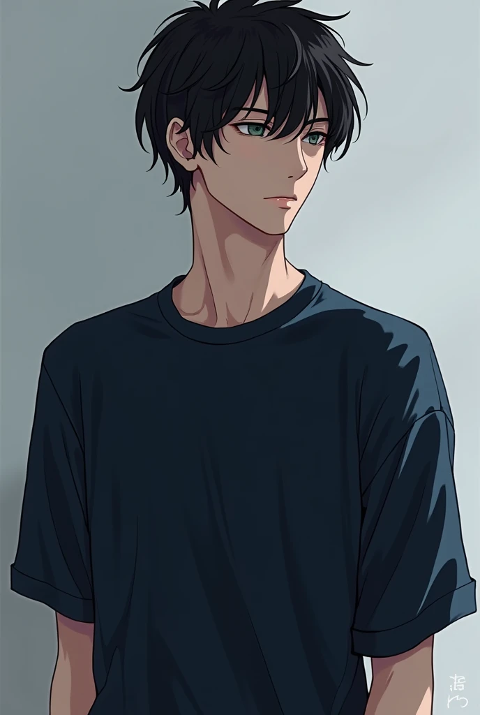 A Japanese boy, black shirt, stylish hair, And looking at the side . a model, The t-shirt with cuffs on the sleeves and the bottom in blue. Make him serious .