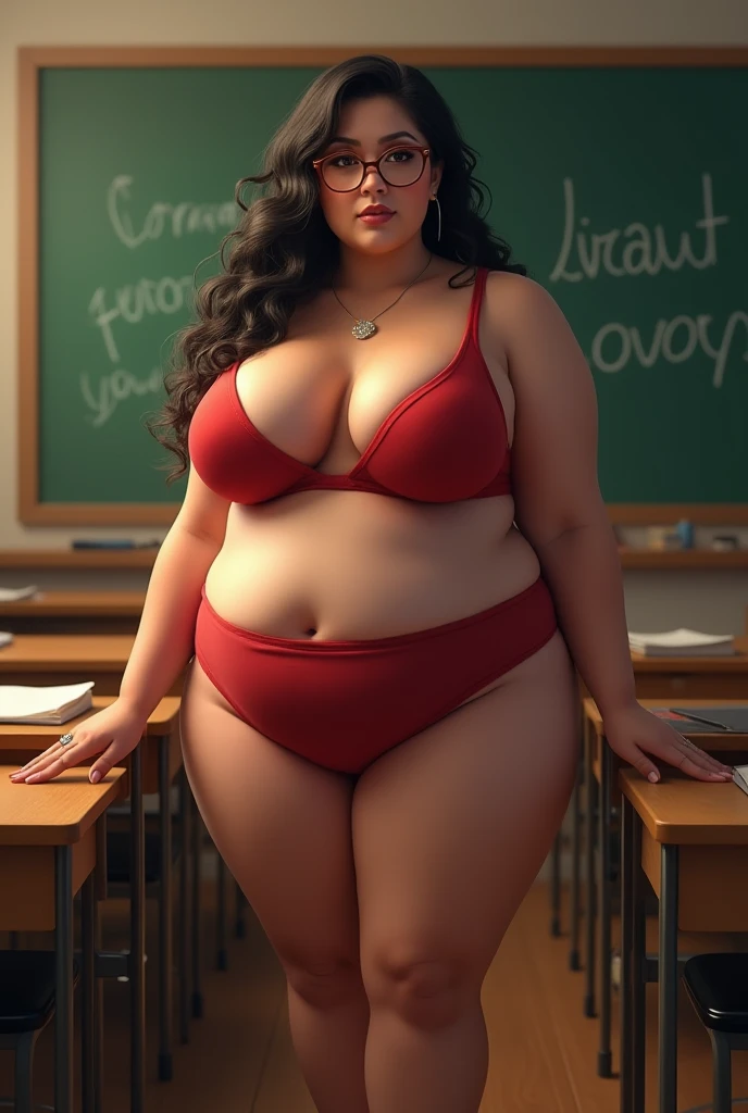 26 years old women Russian mature cute beautiful perfect face big huge bell shape thick thighs wearing total transparent light red colour bikini sitting on chair checking a notebook o table legs visible heels wearing face proper visible Indian school class teacher blackboard