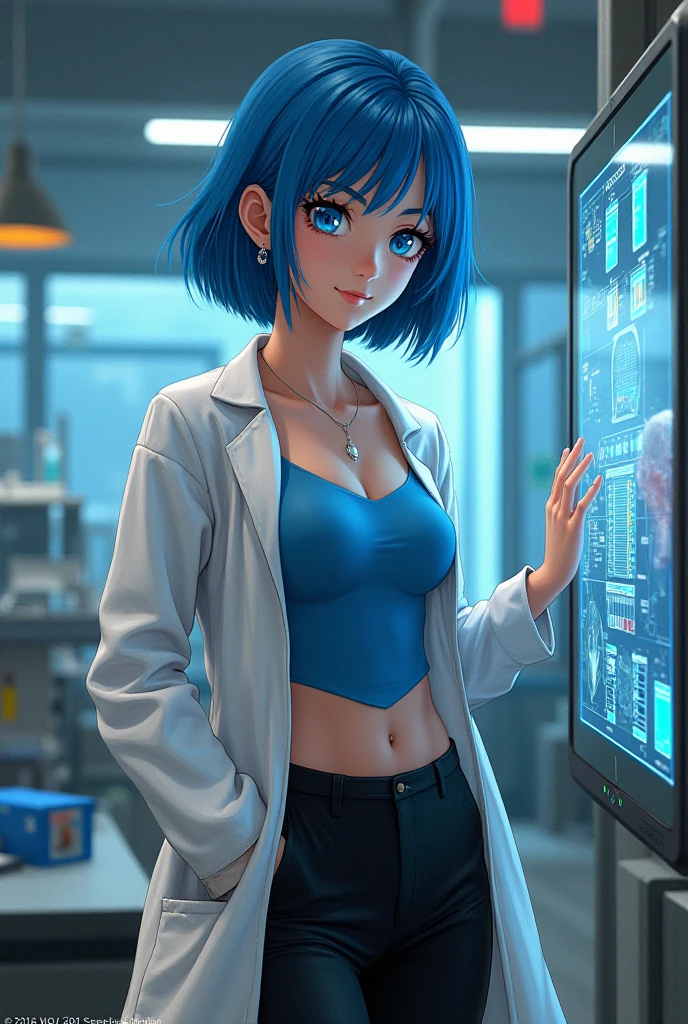((((masterpiece, best quality, high resolution)))), Extremely detailed 8K, 1 female, (Bulma from Dragon Ball) wearing a white jacket, (Ultra HD, Ultra-detailed, Highly detailed, Highly realistic, Ultra-realistic, photograph realistic), (1girl:1.5), (Realistic pony tail, blue hair), (dynamic poses), facing at camera, looking at viewer, (a serious focus face), (regular blue eyes, sharp eyes), (perky breasts:1.2), (beautiful detailed face, beautiful detailed eyes), ((slightly sweating)), (working on a mechanical invention), sweat, glow, (sunbeam, sunlight), ((cowboy shot)), laboratory background, seductive, EnvyBetterHands LoCon,