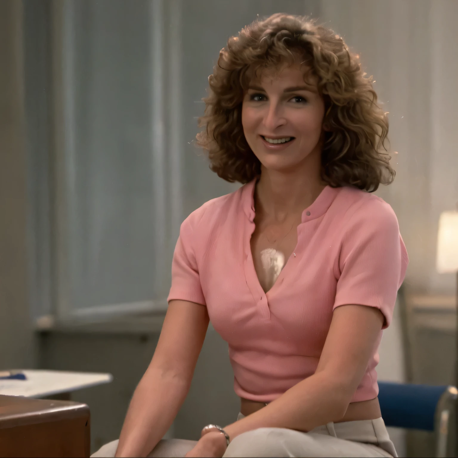 1girl, solo, alone, high quality photo of JenniferGrey, smiling, sitting in pants in office, full shot