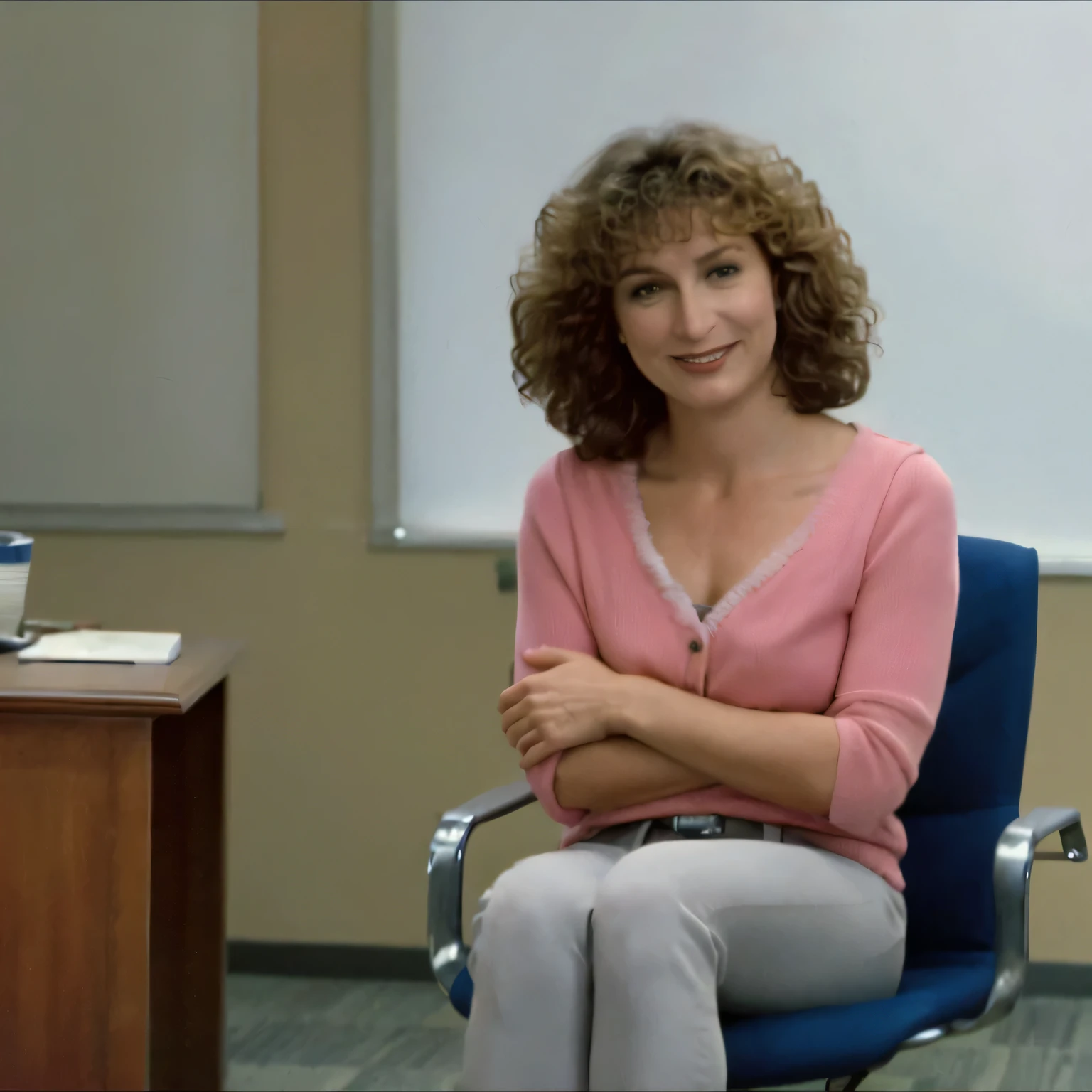 1girl, solo, alone, high quality photo of JenniferGrey, smiling, sitting in pants in office, full shot