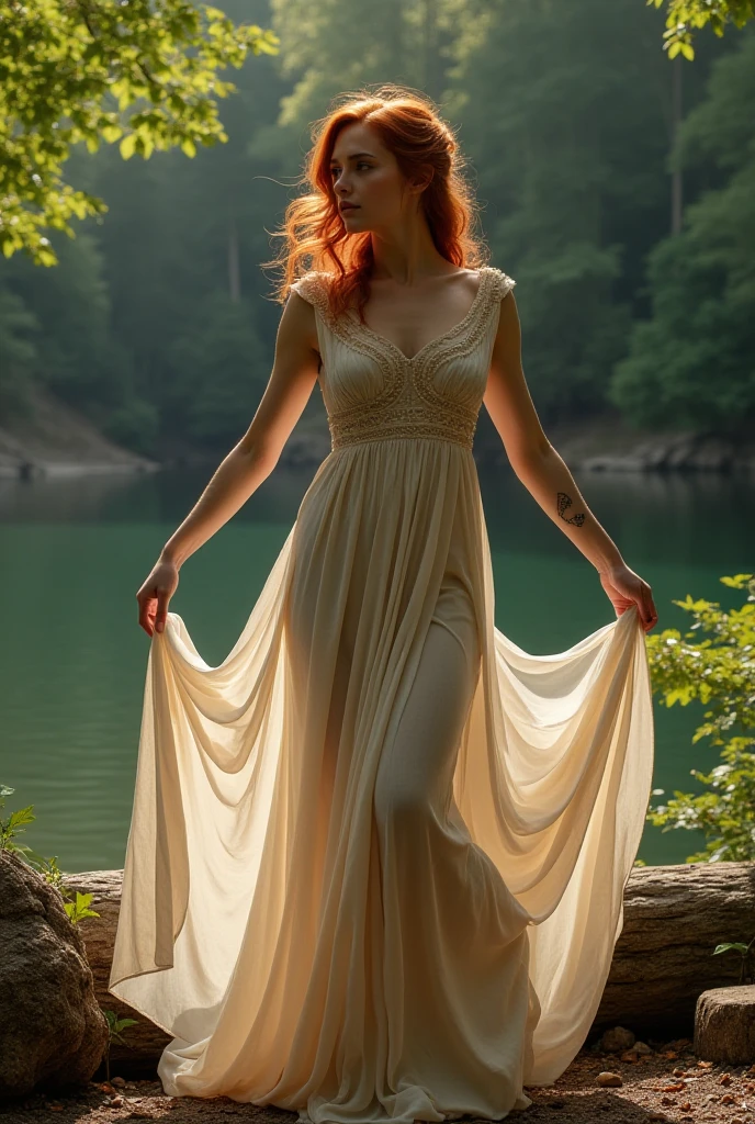 As Housewife Ginger effortlessly donned her ethereal white gown and emerged as a confident woman, she began her graceful pose at the edge of the tranquil lake, where its surface shimmered with golden sunset reflections, perfectly capturing the essence of this surreal scene. <lora:iyoiji18f844ab08btbc4:1>