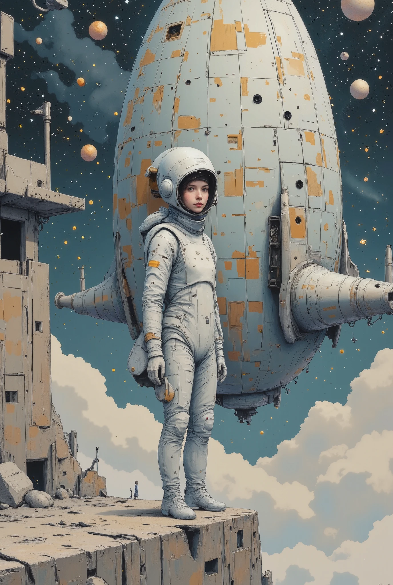 ( envelopes, 4k, ultra Detailed , High resolution, masterpiece: 1.2),(Wide angle, Distant character in a futuristic building .:1.5), There is a character seen from afar.., Located at a high observation point:1.4. It is small compared to the environment .., highlighting the magnitude of the ship. The character is equipped with a space suit .:1.5, With flickering lights and mechanical details .view from outer space: Through the boat's openings, You see a vast starry space. The stars are distributed unevenly .., creating varying densities and suggesting the remoteness of some celestial objects.