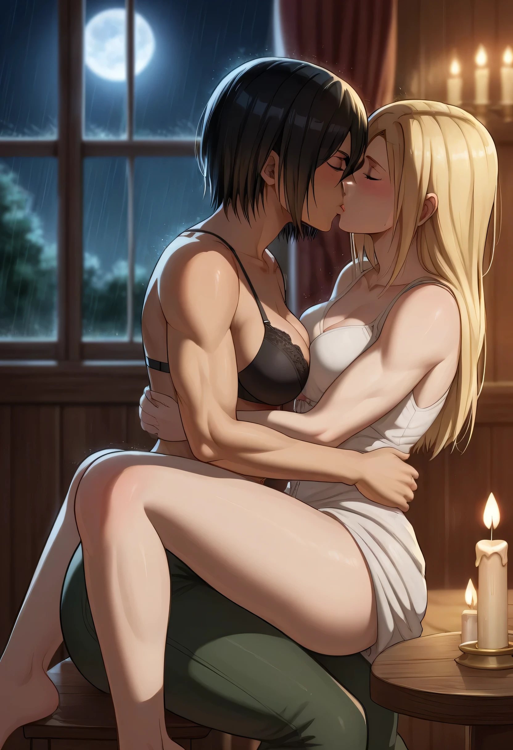 score_9, score_8_up, score_7_up, BREAK source_anime, historia reiss, blue eyes, blonde hair, long hair, medium breasts, long white dress sleeveless,female black hair soldier hugs historia,Mikasa with historia hugs,mikasa wreanig sport black bra with open green jacket and black combat pants,Mikasa female with short hair,mikasa female medium breasts,eyes closed,in night,moon in sky,mikasa final season,mikasa,Mikasa hugs historia،mikasa femboy,mikasa final season,historia blonde hair,hugs and kissing,mikasa carrying historia and kissing her,Mikasa lifts Historia up and kisses her.in middle night,raining outside,mikasa final season,girls kissing,girl×girl,lesbians,yuri,romantic wallpapers,historia sitting on mikasa and kissing her,Mikasa in both hands touch historia ass, raining outside the room,mikasa final season design,character's from season 4,historia enjoyed while kissing mikasa, both,one of Historia hands touch mikasa abs,romantic kissing,mikasa pixie cut hairstyle,Serious love,inside room,dark room,candle light in room,HD WALLPAPER,perfect colors,Shining on character's hair,Shining body's,fairy tail anime artstyle