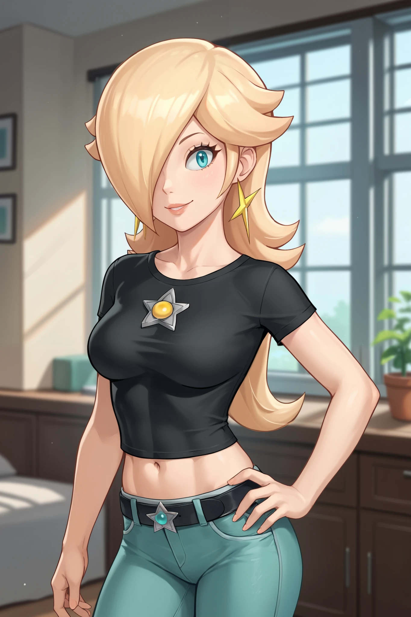 score_9, score_8_up, score_7_up, source_anime, rosalina, blonde hair, blue eyes, hair over one eye, long hair, star earrings, solo, cowboy shot, black t-shirt, taut clothes, tight shirt, midriff, navel, jeans, black belt, smile, hand on hip, indoors
