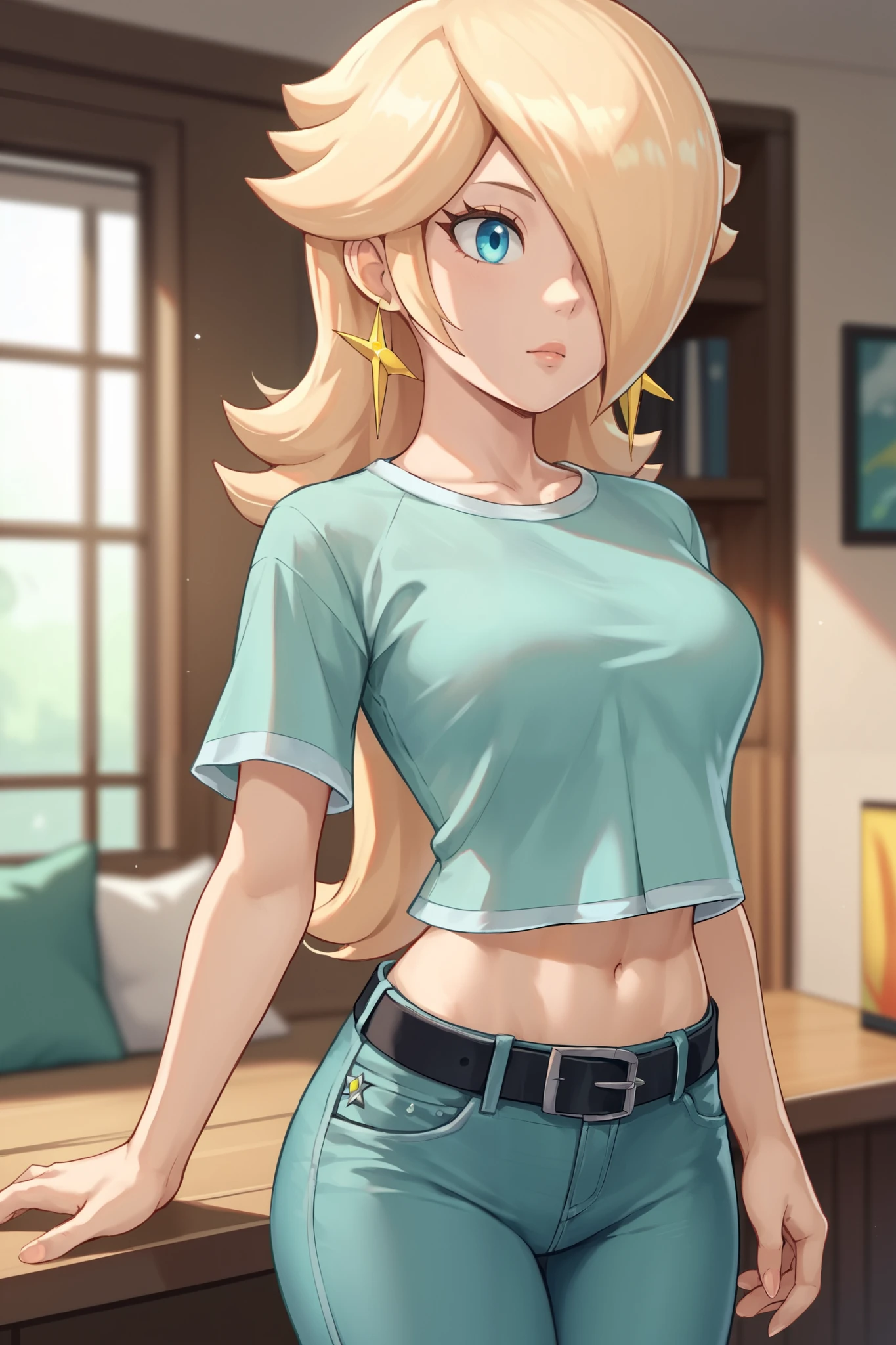 score_9, score_8_up, score_7_up, source_anime, rosalina, blonde hair, blue eyes, hair over one eye, long hair, star earrings, solo, cowboy shot, black t-shirt, taut clothes, tight shirt, midriff, navel, jeans, black belt, arm support, indoors