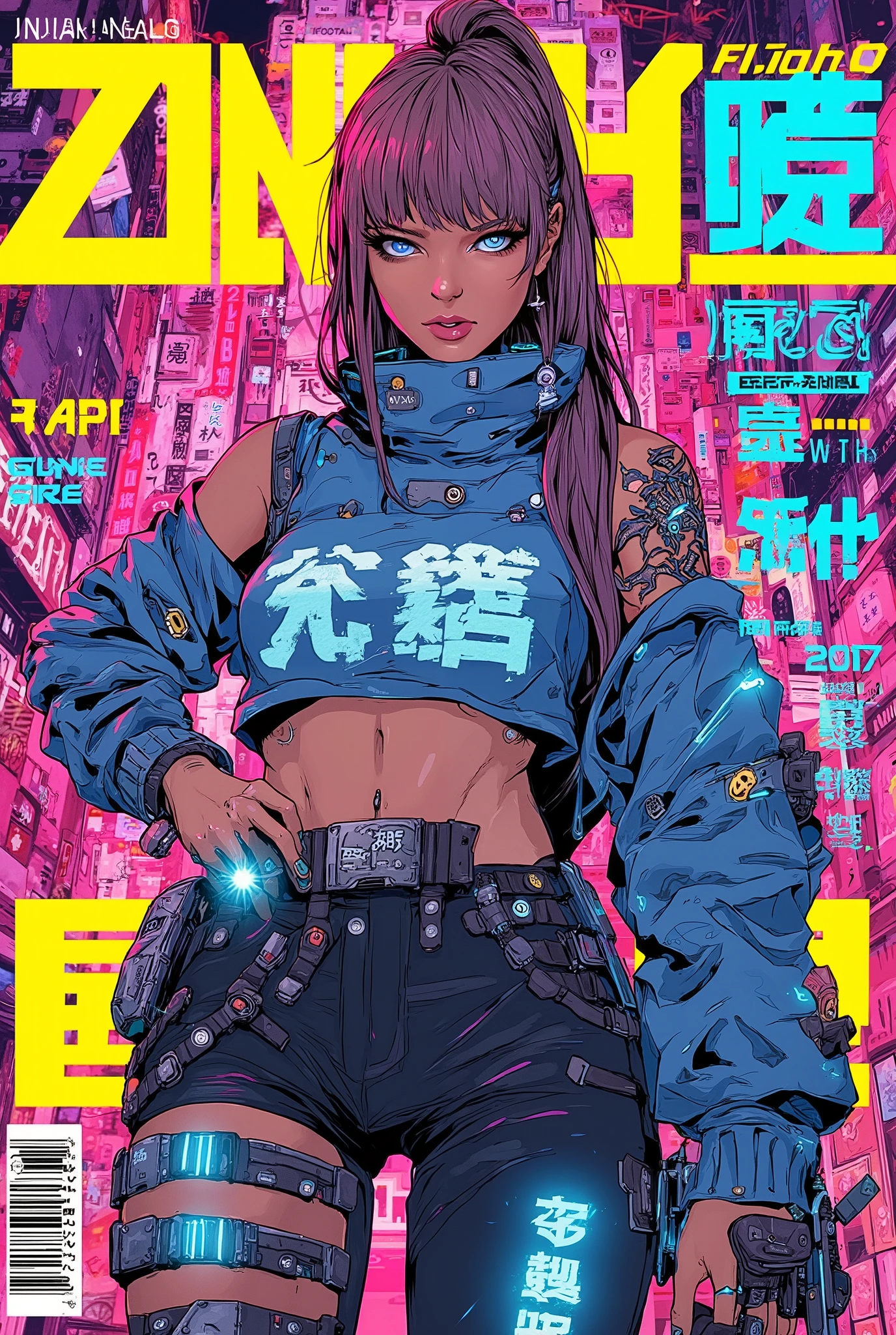 ((manga (((magazine cover))) illustration) of (beautiful cyberpunk girl wearing street style clothing))), (very detailed linework), (katsuhiro otomo art style), comic book colours, ((Japanese text)), barcode, cute Japanese ager.